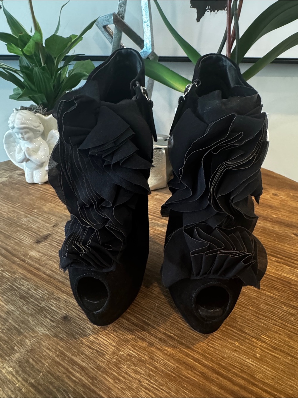 Giuseppe Zanotti Black Ruffle Peep-Toe Ankle Boots